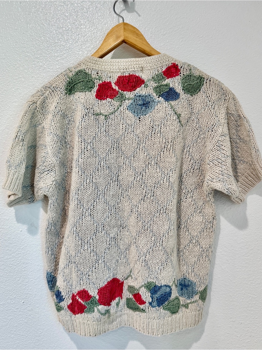 Vintage Orvis Silk Cotton Floral Embroidered Chunky Knit Short Sleeve Cardigan M - Picture 5 of 6